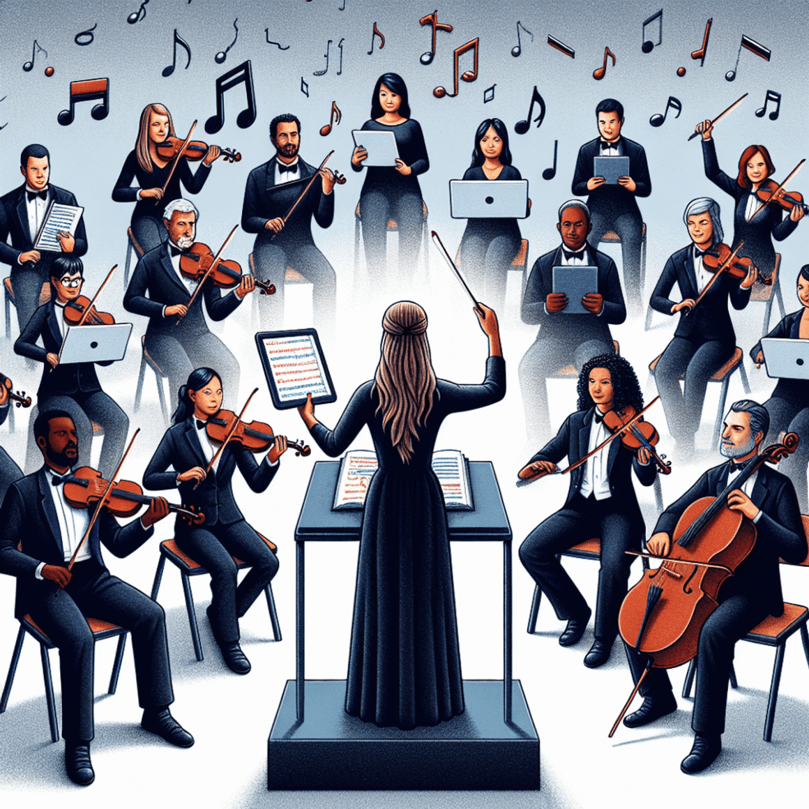 A digital art representation of a conductor's baton with computer coding symbols, symbolizing the transition from web development to orchestration.