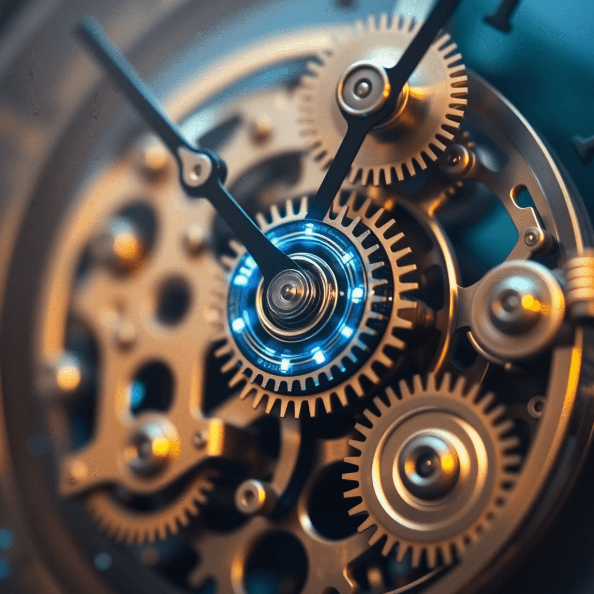 Close-up of a vintage clock mechanism with glowing blue and silver digital elements blending classic gears and futuristic AI technology.