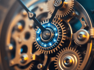 Close-up of a vintage clock mechanism with glowing blue and silver digital elements blending classic gears and futuristic AI technology.