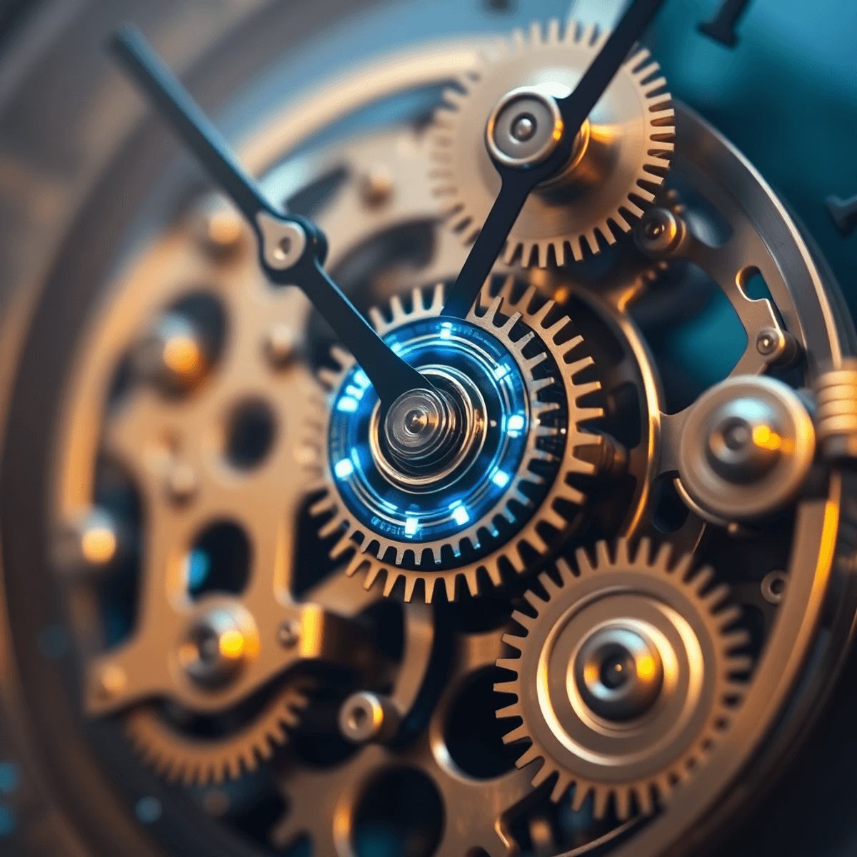 Close-up of a vintage clock mechanism with glowing blue and silver digital elements blending classic gears and futuristic AI technology.