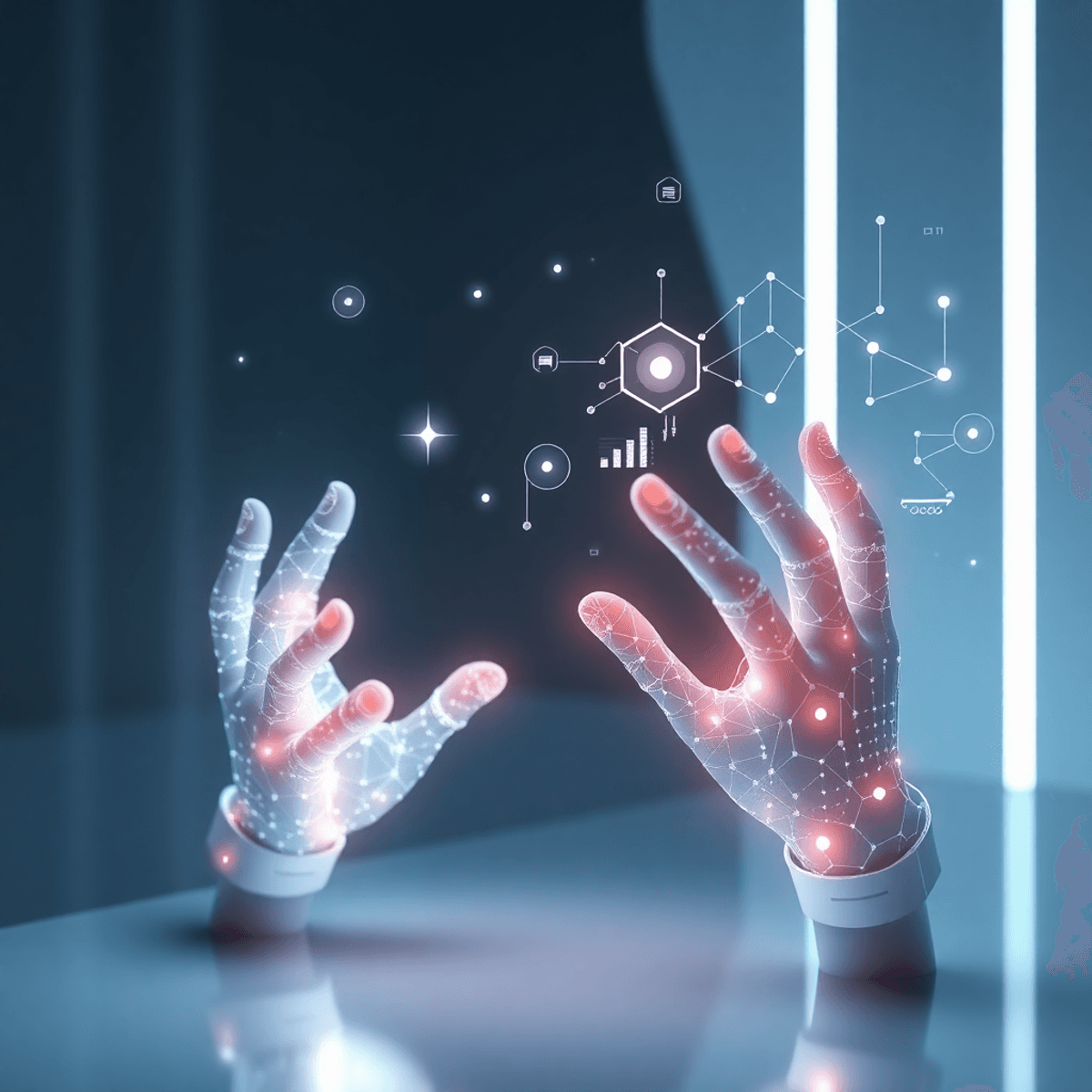 Glowing holographic hands interact with floating data streams in a sleek, modern digital workspace symbolizing advanced AI collaboration and innova...